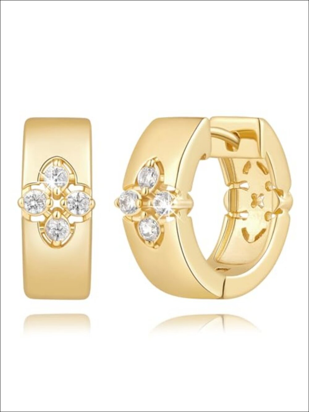 14K Gold Plated Hoop Earrings Floral CZ Huggie Dainty 16mm